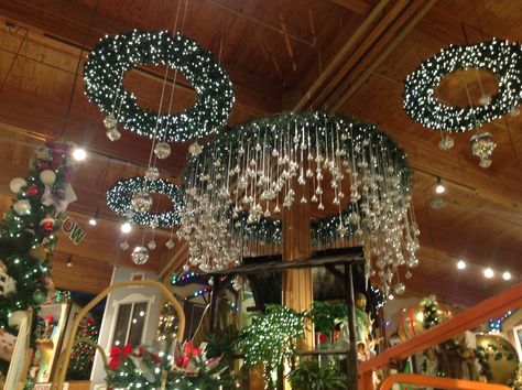 Beautiful ceiling hung wreaths! Christmas Ceiling Decorations Ideas Diy, Christmas Decorations Ceiling, Christmas Ceiling Decorations Ideas, Christmas Ceiling, Ladies Christmas Party, Christmas Ceiling Decorations, Gala Decorations, Church Christmas Decorations, Ceiling Decorations