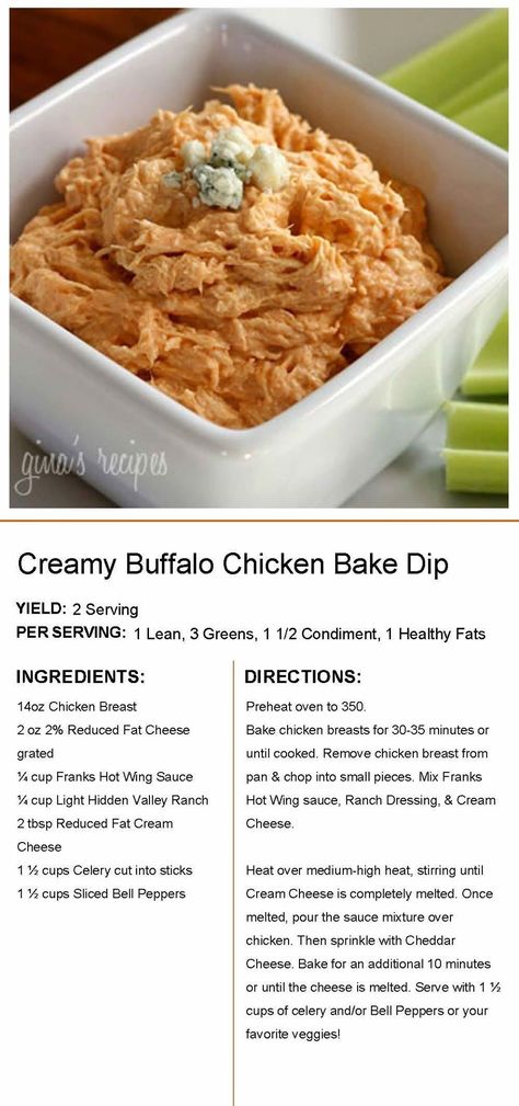 Buffalo Chicken Bake, Creamy Buffalo Chicken, Healthy Buffalo Chicken Dip, Baked Dips, Hot Wing Sauces, Lean Protein Meals, Baked Buffalo Chicken, Lean And Green, Chicken Bake