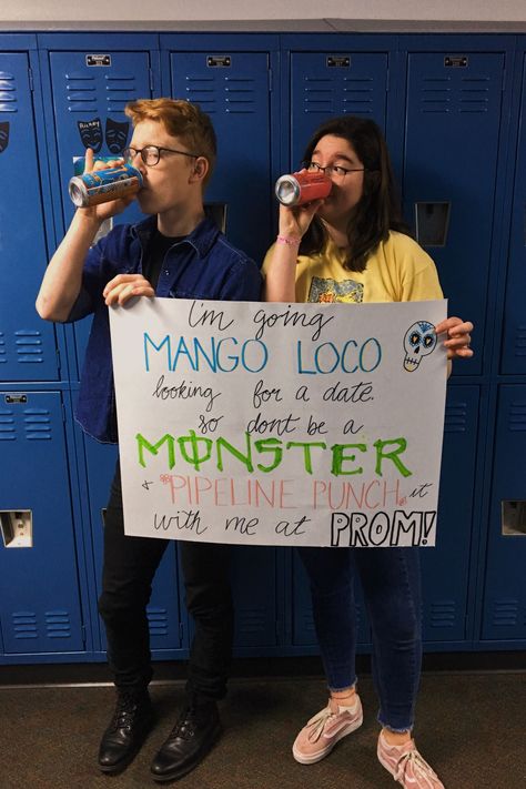 Monster energy drink promposal Energy Drink Promposal, Energy Drink Hoco Proposal, Ring Dance Proposal Ideas, Funny Promposal Ideas Friends, Promposal Ideas For Best Friends Funny, Emo Promposal, Funny Promposal, Funny Promposal Ideas, Softball Promposal