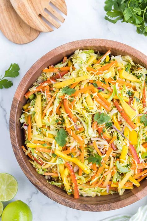 Our mango slaw is bright, refreshing, and can be prepared in less than 30 minutes. Perfect as a topping or on its own as a side dish. A lovely summertime slaw that brings a pop of tropical flavors to your table, it's a Whole Lotta Yum! [feast_advanced_jump_to]  Mango Coleslaw If you love salads, you're going... Read On → The post Mango Slaw appeared first on Whole Lotta Yum. Mango Coleslaw, Mango Slaw Recipes, Mango Slaw, Carrot Slaw, Coleslaw Salad, Light Salad, Mango Salad, Vegetarian Cabbage, Large Salad Bowl