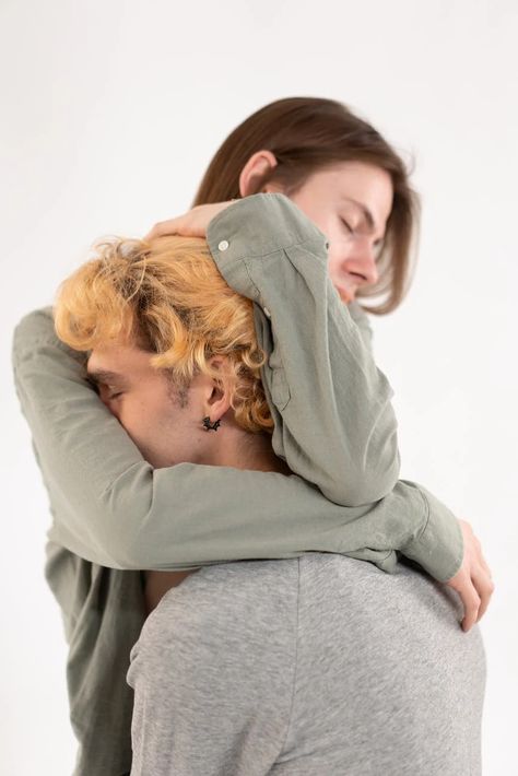 Man Hugging Another Man in Gray Sweater · Free Stock Photo Hugging Self Pose, Desperate Hug Reference, Hugging From Behind Reference, Hugging Plushie Pose, Holding Onto Someone, Hug Pose Reference, Deep Hugs, Hug Reference, Hugging Reference