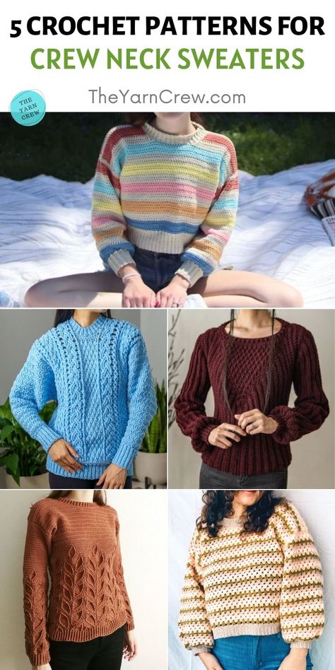 5 Crochet Crew Neck Sweater Patterns For Women. 5 Crochet Crew Neck Sweater Patterns For Women curated by The Yarn Crew Crochet Crew Neck Sweater Pattern, Crochet Sweater Neckline, Crochet Cable Stitch, Crochet Sweater Vest, Crew Neck Sweaters, Ugly Holiday Sweater, Batwing Sweater, Crochet Sweater Pattern Free, Sweater Patterns