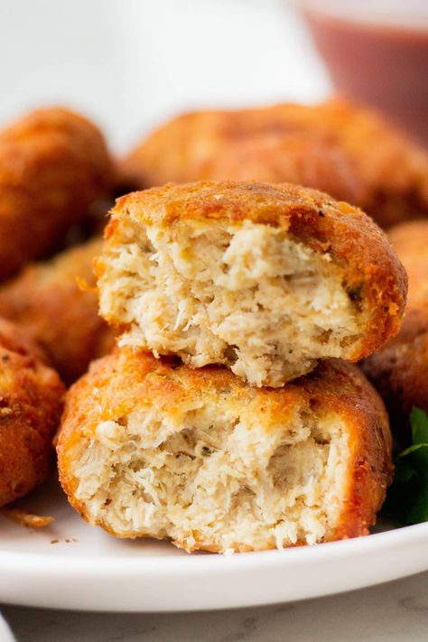 Crispy Style Chicken Fritters Ground Chicken Fritters, Chicken Fritter, Chicken Croquettes Recipe, Chicken Fritters Recipe, Chicken Fritters, Chicken Croquettes, Croquettes Recipe, Diced Chicken, Leftover Chicken