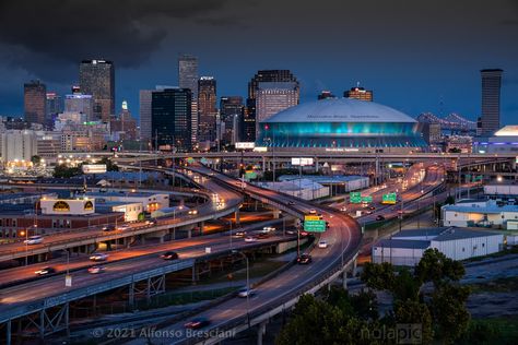 Prints of New Orleans Skyline with Superdome at Sunset New Orleans City Skyline, New Orleans Superdome, New Orleans Tattoo, New Orleans Skyline, New Orleans Cemeteries, Skyline Tattoo, Galleries Architecture, New Orleans City, Jazz Bar