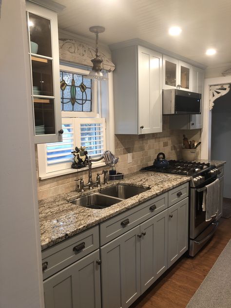 Tan And Grey Kitchen, 2 Toned Kitchen Cabinets, Townhome Kitchen, Grey Kitchen Walls White Cabinets, Ben Wolf, Galley Kitchen Renovation, Tan Kitchen, Grey Kitchen Walls, Kitchen Grey