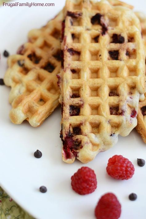 Raspberry Waffles Recipe, Quick Waffle Recipe, Waffle Recipe Without Eggs, Egg Waffle Recipe, Waffles From Scratch, Easy Waffles, Make Waffles, Berry Waffles, Chocolate Chip Waffles