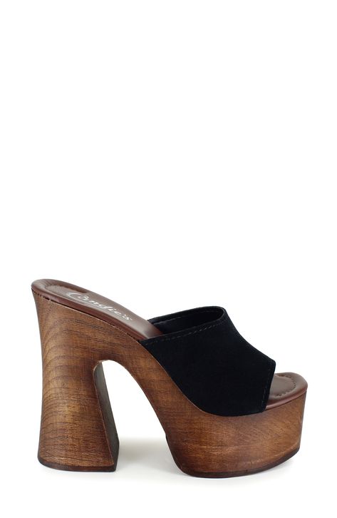 A woodgrain platform and soaring block heel lend scene-stealing height and retro-cool appeal to a slide sandal that will elevate your trendsetting looks. 4" heel; 2" platform Leather upper and lining/synthetic sole Made in Spain Platform Sandals 70s, 70s Fashion Shoes, 70s Platform Shoes, Platform Sandals Outfit, Brown Platform Sandals, Hippie Shoes, Wood Heels, Clogs Heels, Strappy Platform Sandals