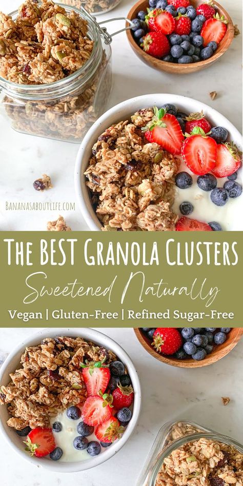 These healthy granola clusters are the BEST EVER! Soft and chewy with lots of crunchy nuts and seeds! Perfect for breakfast or to snack on! This clustery granola is gluten free, vegan and refined sugar free. Healthy Granola Clusters, Granola Clusters Recipe, Granola Balls, Vegan Granola Recipe, Low Sugar Granola, Sugar Free Granola, Tea Treats, Homemade Granola Healthy, Granola Recipe Healthy