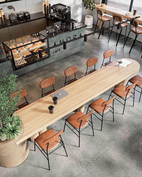 Workspace Cafe Design, Coffee Shop Meeting Room, Co Working Cafe Design, Social Table Cafe, Cafe Office Design, Community Table Cafe, Cafe Wood Interior, Coworking Coffee Shop, Cafe Furniture Layout