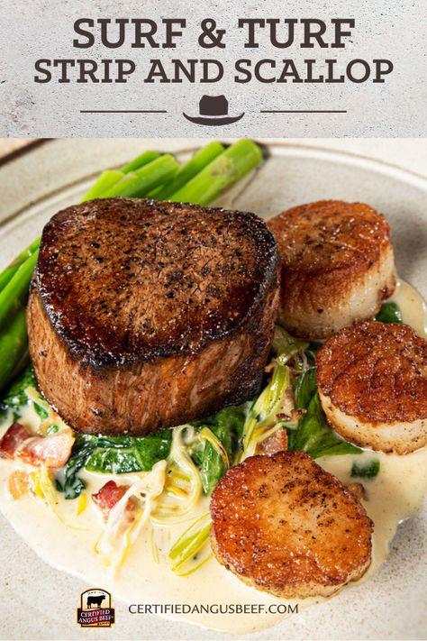 Scallops And Steak Dinner, Steak Scallops Dinner, Filet Mignon And Scallops Recipes, Surf And Turf Recipes Scallops, Fancy Surf And Turf Dinner, Scallop And Steak Recipes, Steak And Scallops Recipes Dinners, Steak And Scallops, Steak And Scallops Recipes