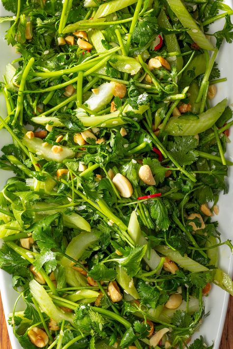 Celery is often disregarded as just a sidekick, but this recipe makes it the shining star. This vibrant Chinese salad, named for its bold flavors and textures, stimulates the appetite at the beginning of a meal or resets the palate between courses. Celery Uses, Speciality Salads, Chinese Salad, Bistro Salad, Celery Leaves, Cilantro Salad, Celery Recipes, Celery Salad, Thai Salad