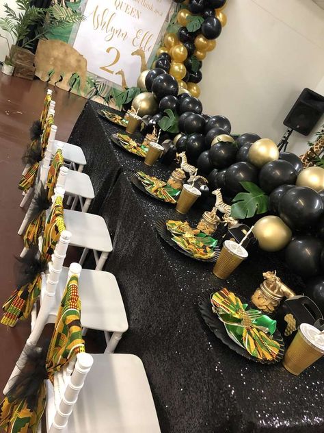 Sweet 16 African Theme, African Prince Birthday Party, Afrocentric Party Theme, African Theme Bridal Shower Ideas, African Dinner Party Decor, African Theme Birthday Party Ideas, African Themed Birthday Party, Africa Theme Party Decorations, Wakanda Themed Party