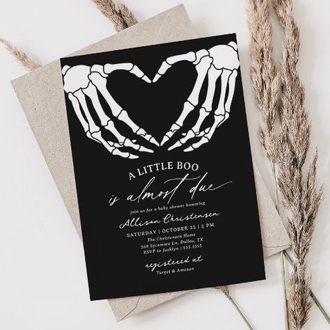 $2.92 | A Little Boo Is Due Halloween Baby Shower | Halloween Birthday Invitations | a little boo, is almost due, halloween baby shower, gothic baby shower, skull baby shower, skeleton hands, black and white, dark elegant spooky, skeleton heart, gender neutral Halloween Engagement, Little Boo Is Almost Due, Halloween Bridal Showers, Love Hands, Gothic Baby, Diy Birthday Invitations, Couples Shower Invitations, Gender Reveal Invitations, Vintage Invitations