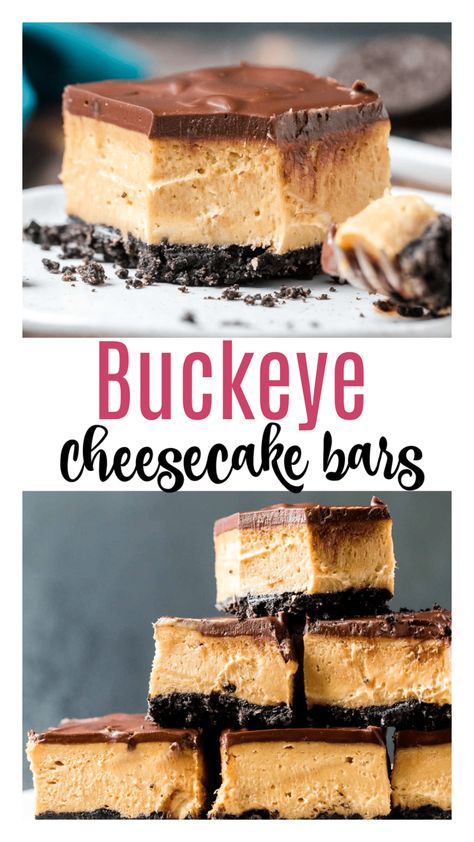 Cheesecake Bars Peanut Butter, Reese’s Cheesecake Bars, No Bake Peanut Butter Cheesecake Bars, Candy Bar Cheesecake Recipes, No Bake Buckeye Cheesecake Bars, Buckeye Desserts, Buckeye Cheesecake Bars, Cheesecake Bars Recipes, Chocolate Peanut Butter Cheesecake Bars