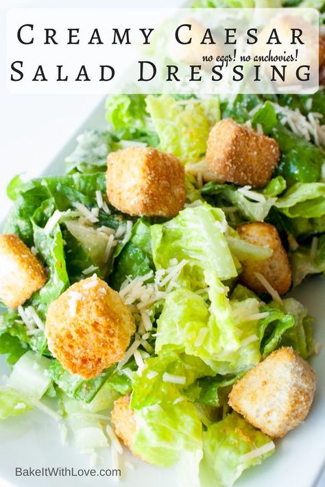 I have always shied away from Caesar salad, but no more! This Creamy Caesar Salad Dressing (no anchovies) is simply the best! I love it and better yet, my husband loves it…and that’s great. I am so happy to have a go-to version that my Caesar salad fan loves as much as I do. I didn’t think that I would ever find a taste equivalent without the anchovies, but my homemade Creamy Caesar Salad Dressing has won his heart over! BakeItWithLove.com | #Caesarsaladdressing #creamy #noanchovies #noraweggs # Caesar Salad Dressing No Anchovies, Caesar Salad Dressing Without Anchovies, Creamy Caesar Salad, Caesar Salad Dressing Recipe, Homemade Caesar Salad Dressing, Ginger Salad Dressings, Caprese Pasta Salad, Caesar Salad Dressing, Salad Dressing Recipes Homemade