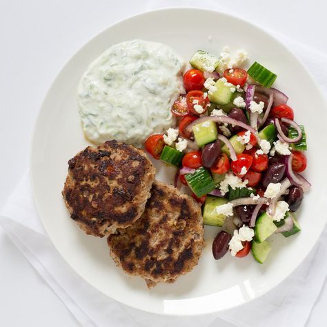 Mealime - Greek Turkey Burger Patties with Tzatziki Sauce & Greek Salad Turkey Burger Patties, Apartment Meals, Burger Patty Recipe, Greek Turkey, Turkey Patties, Patty Recipe, Greek Turkey Burgers, Burger Salad, Burger Patty