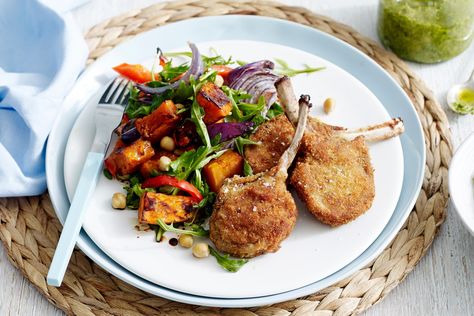 Get the family running to the table with these fabulous crumbed lamb cutlets served with pumpkin salad and pesto. Dinner Recipes Roast, Lamb Cutlets, Pumpkin Salad, Roast Lamb, Warm Salad, Gourmet Dinner, Baked Pork Chops, Cooking With Olive Oil, Pesto Recipe