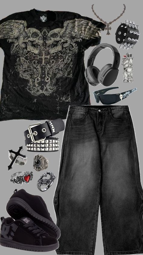 Metal Band Outfit, Cybergrunge Outfit, Punk Outfit Men, Affliction Outfits, Dark Grunge Outfits, Punk Fits, Affliction Women, Customized Clothes, Bad Outfits