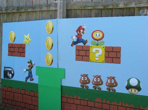 Super Mario backdrop I made Mario Photo Backdrop, Super Mario Birthday Backdrop, Mario Kart Backdrop, Mario Brothers Backdrop, Super Mario Brick Wall, Super Mario Brothers Birthday Party, Super Mario Brothers Birthday, Mario Bros Birthday Party Ideas, Nintendo Party