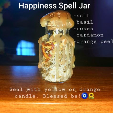 Happiness Spell Jar, Happiness Spell, Wicca Recipes, Witch Tips, Witch Herbs, Jar Spells, Witch Bottles, Green Witchcraft, Magia Das Ervas