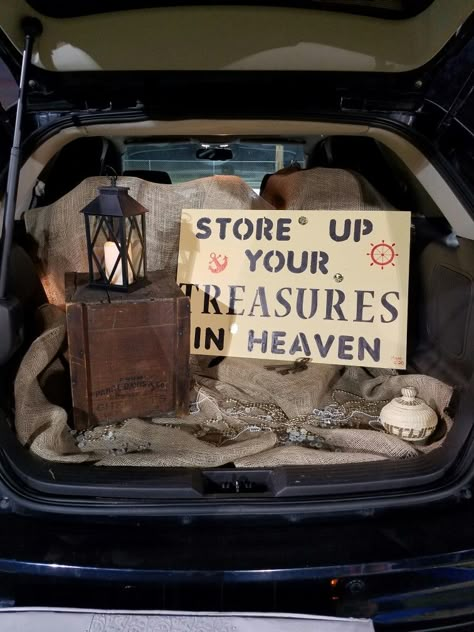 Pirate Theme Church Trunk or Treat  Store up your treasures in Heaven.. Matt 6:20 Church Trunk Or Treat, Bible Themes, Church Trunk, Trunker Treat Ideas, Trunk Or Treat Ideas, Christian Halloween, Fall Carnival, Treasures In Heaven, Harvest Fest