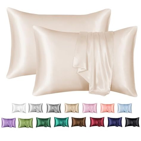 MR&HM Satin Pillowcase for Hair and Skin, Silk Satin Pillowcase 2 Pack, Standard Size Pillow Cases Set of 2, Silky Pillow Cover with Envelope Closure (20x26, Beige) Morning Hair, Silk Pillowcase Hair, Satin Pillow, Satin Bedding, Satin Pillowcase, Silk Pillow, Hair Breakage, Silk Pillowcase, Polyester Satin