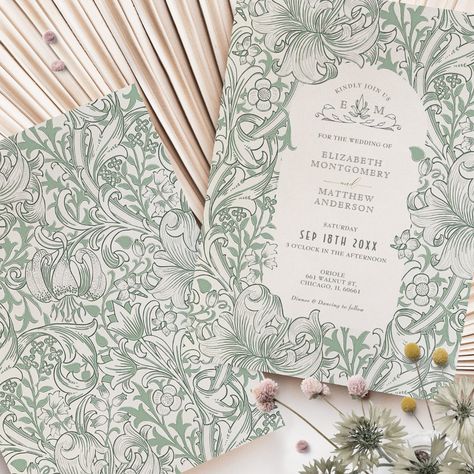 Golden Lily Wedding Suite Sage Green Morris Invitation Lily Design, Enchanting Wedding, Lily Pattern, Lily Wedding, William Morris Designs, Sage Green Wedding, Muted Pink, Wedding Suite, Vintage Wedding Invitations