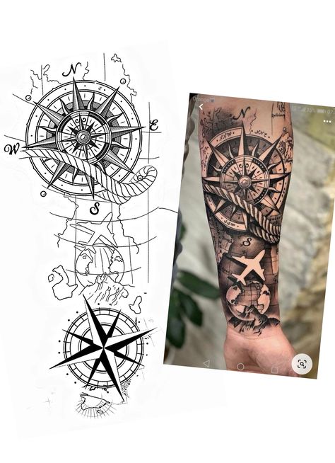 Compus Tattoos Men, Ship Tattoos For Men, Compus Tattoos Designs, Time Travel Tattoo, Clock And Compass Tattoo, Geographic Tattoo, Compass Tattoo Design Men, Geography Tattoo, Compass Tattoo Stencil