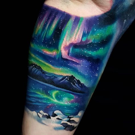 Aurora Borealis Tattoo, Lights Tattoo, Aurora Tattoo, Northern Lights Tattoo, Sky Tattoos, Stomach Tattoos Women, Nature Tattoo Sleeve, Tattoos Arm, Light Tattoo