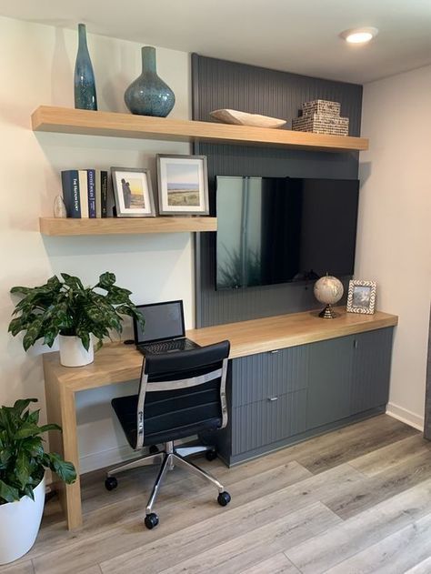 Gaming Desk With Shelves, Floating Wooden Shelves, Cheap Couches, Dream Home Office, Minimalist Desk, Home Office Ideas, Small Space Solutions, Home Offices, Home Office Setup