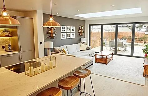 Kitchen Living Area Open Plan, Open Plan Kitchen Dining Living Layout, Kitchen Diner Family Room, Kitchen Diner Lounge, Extension Veranda, Kitchen Diner Extension, Open Plan Living And Dining, House Extension Plans, Open Plan Kitchen Dining Living