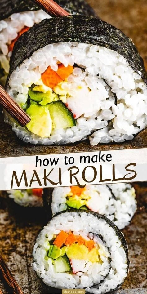 Master the art of homemade sushi with this easy Maki Roll recipe! Featuring nori and perfectly cooked sushi rice wrapped around a colorful combo of imitation crab, cucumber, avocado, and carrots, these rolls promise a fun and flavorful dining experience! Easy Sushi Rolls, Diethood Recipes, Cooked Sushi, Maki Rolls, Make Your Own Sushi, Maki Roll, Sushi Recipe, Make Sushi, Easy Sushi