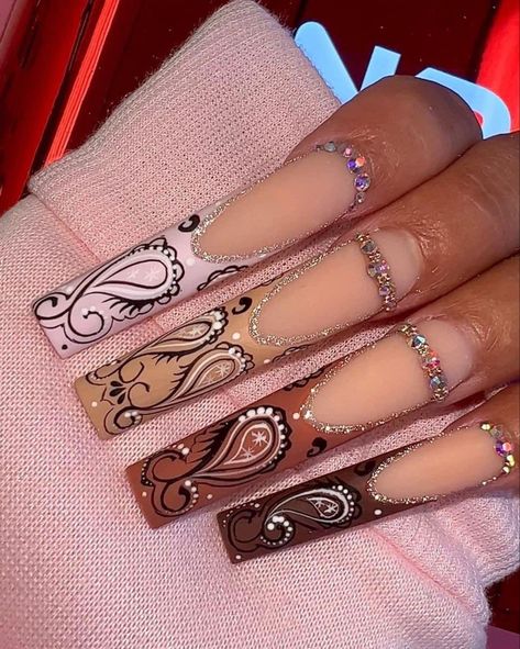 Paisley Nails, Bandana Nails, Mexican Nails, Tapered Square Nails, Sassy Nails, Brown Paisley, Nails Design With Rhinestones, Cute Acrylic Nail Designs, Dope Nail Designs