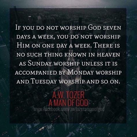 WEBSTA @vegaslady42 “If you do not worship God seven days a week, you do not worship Him on one day a week. There is no such thing known in Heaven as Sunday worship unless it is accompanied by Monday and Tuesday worship and so on.” (A.W. Tozer) Sunday Worship Quotes, Aw Tozer Quotes, A W Tozer, Worship Quotes, Sunday Worship, Love Pinterest, Bible Humor, Soli Deo Gloria, Pinterest Followers