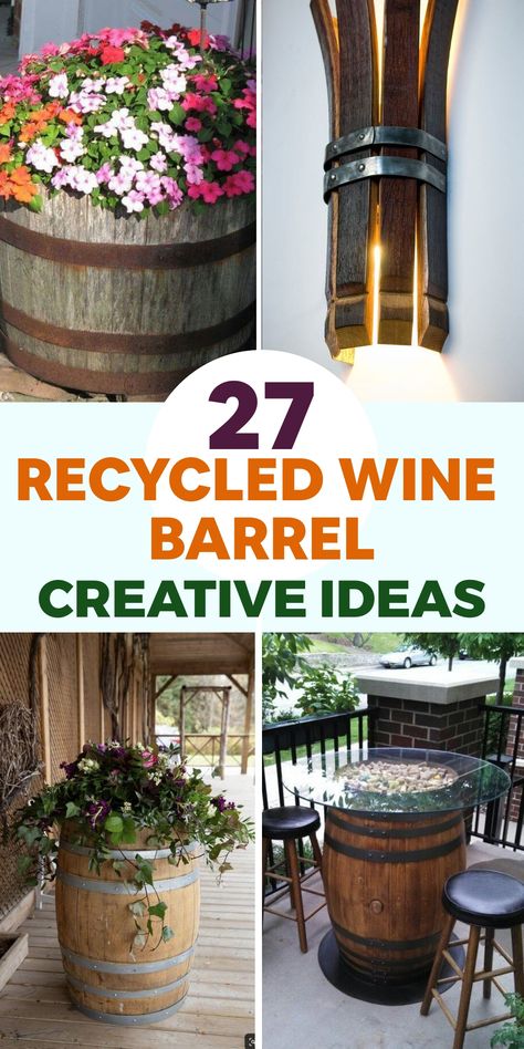 Discover a world of creativity with these ingenious ways to repurpose old wine barrels into stunning decor pieces for your home and garden. Embrace the rustic beauty of refurbished wine barrels as they are transformed into one-of-a-kind additions that exude style and character. By giving a new purpose to these barrels, you not only enhance your living space but also contribute to sustainable decor practices. Upgrade your interior and exterior with these unique recycled wine barrel ideas that bri Diy Whiskey Barrel, Wine Barrel Fire Pit, Diy Whiskey, Wine Barrel Planter, Sustainable Projects, Wine Barrel Table, Whiskey Barrel Furniture, Barrel Projects, Barrel Decor