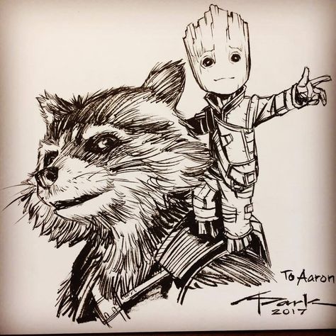 Groot Rocket Tattoo, Rocket Marvel Drawing, Rocket Raccoon Art Sketch, We Are Groot Tattoo, Rocket The Raccoon Drawing, Marvel Rocket Tattoo, Groot And Rocket Drawing, Rocket Raccoon Sketch, Marvel Art Drawings Pencil