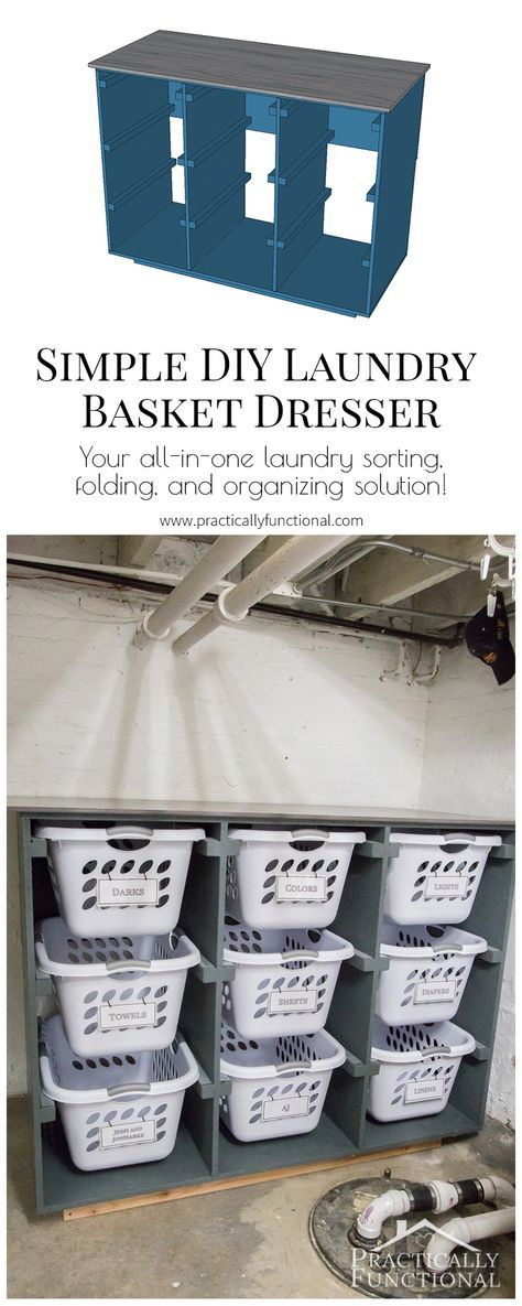 Great idea to get your laundry room organized! Make a simple laundry basket dresser to store your laundry baskets, and use the stained and sealed top for sorting and folding! Basket Dresser, Laundry Basket Dresser, Laundry Room Baskets, Diy Laundry Basket, Laundry Room Storage Shelves, Laundry Sorting, Room Storage Diy, Laundry Basket Organization, Closet Organization Diy