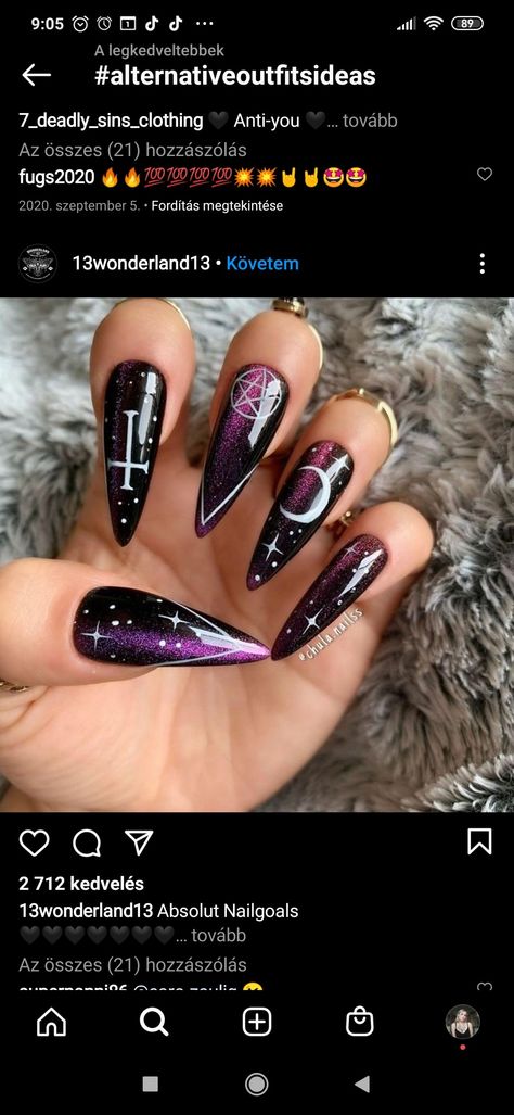 Pagan Nail Designs, Satanic Nails Designs, Gothic Halloween Nails, Purple Gothic Nails, Satanic Nail Art, Dark Nail Designs Gothic, Heather Nails, Satanic Nails, Black And Purple Halloween Nails