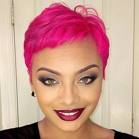 Fierce Hairstyles, Edgy Pixie Hairstyles, Pink Hairstyles, Pink Hair Streaks, Voice Of Hair, Pink Short Hair, Pink Pixie, Hot Pink Hair, Month October