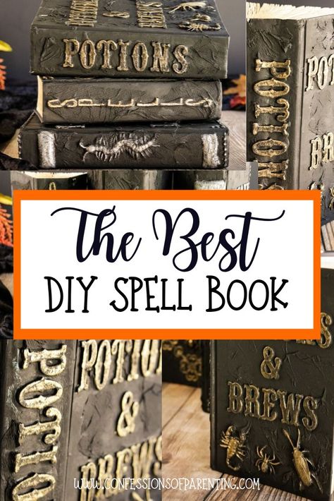 Are you a lover of decorating for Halloween? Well, this DIY Spell Book is a must for your Halloween decorating ideas this year. Check out how easy it is to make! Making your own DIY spell book is super simple and will really make your Halloween decor pop! Find out how to make a spell book in less than an hour. #halloween #diy #howtomake #decor Spellbook Diy, Diy Halloween Books, Diy Spell Book, Diy Halloween Spell Book, Halloween Spell Book, Halloween Spells, Spell Books, Festa Harry Potter, Anniversaire Harry Potter