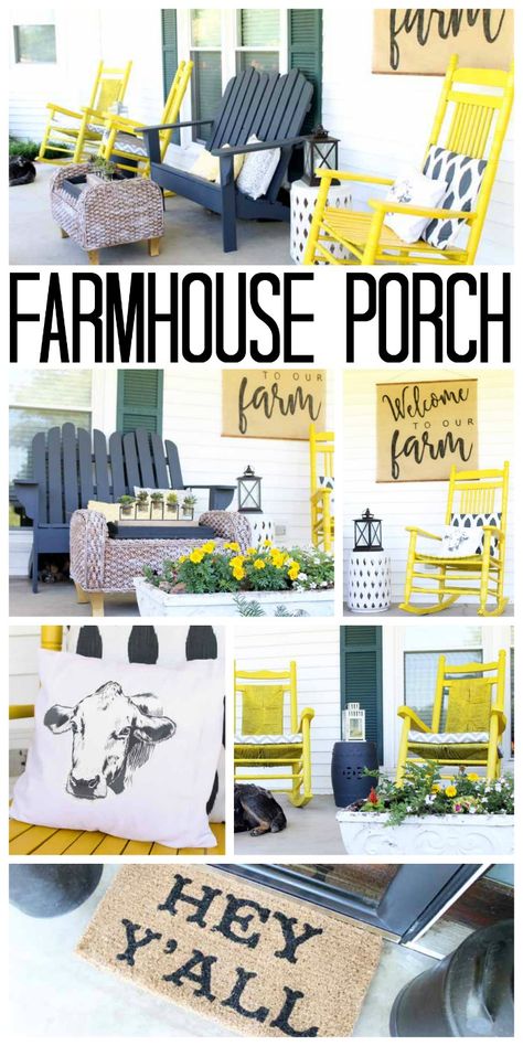 Vintage farmhouse decor on the porch! I love this colorful and rustic porch decor! Rustic Porch Decor, Rustic Porch Ideas, Farmhouse Design Ideas, Porch Wall Decor, Farmhouse Porch Decor, Elegant Farmhouse, Farmhouse Decor On A Budget, Cheap Farmhouse Decor, Farmhouse Decor Kitchen