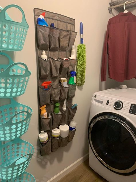 Small Laundry Area Organization, Wash Room Organization Ideas, Trailer Home Organization, Cleaning Cloth Organization, Diy Apartment Shelves, Organization Ideas For The Home Laundry, Mobile Home Storage, Cheap Organizing Ideas, Diy Laundry Room Organization