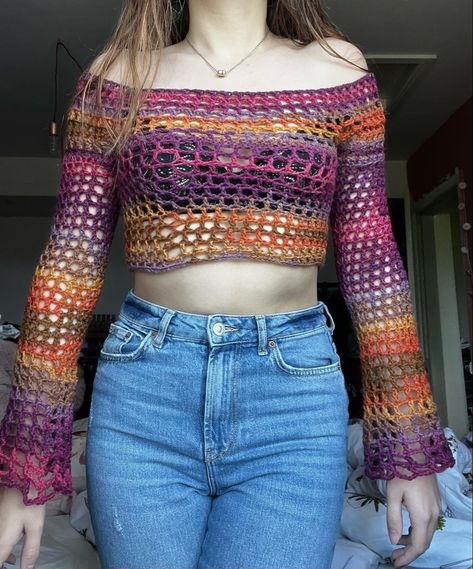 Ombre, purple to orange loosely crocheted jumper cropped top with an across the shoulders neckline and flared sleeves. Modelled on myself Harriet_hewitt_designs_ Ombre Crochet Top, Crocheted Jumper, Ombré Crochet, Ombre Crochet, Ombre Purple, Crochet Jumper, Crochet Design Pattern, Crochet Design, Autumn 2024