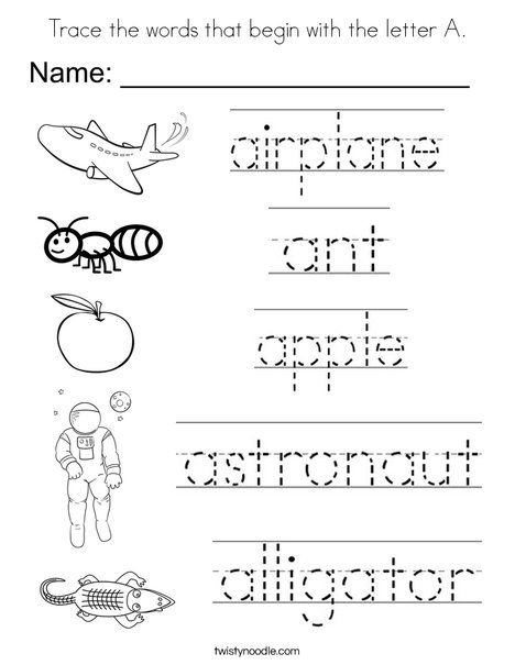 Trace the words that begin with the letter A Coloring Page - Twisty Noodle Letter A Words, Letter A Coloring Pages, Worksheet Preschool, Alphabet Worksheets Kindergarten, Twisty Noodle, Alphabet Words, A Coloring Page, Letter Tracing Worksheets, Language French