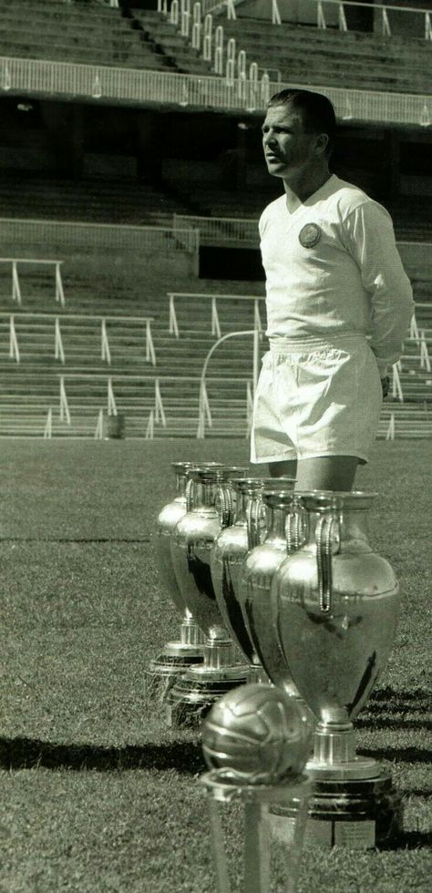 Ferenc Puskas with replicas of the 5 European Cups he won with Real Madrid Real Madrid History, Michel Platini, Bobby Charlton, Franz Beckenbauer, Sporting Legends, Best Football Team, European Cup, Sports Hero, Football Stadiums