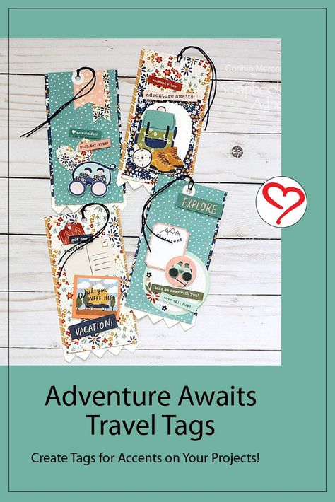 Who doesn't want to travel? Adventure Awaits Travel Tags by Connie Mercer will get you started! Use them to accent your projects. Click the image to go to the blog for a tutorial. #sbadhesivesby3l #craftadhesives #creativephotocorners #diytag #traveltag #papercraft Scrapbook Tags Ideas, Corner Inspiration, Scrapbook Tags, Tags Ideas, Photo Corner, Tag Ideas, Paper Craft Tutorials, Travel Tags, Coordinating Patterns