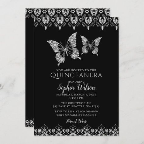 $2.8 | Black Diamante Lace Butterflies Quinceañera - quinceanera, glitter, mis quince, mis princess crown, butterfly, vintage, butterfly quinceanera invitation, black quinceanera invitation, silver, elegant quinceanera invitation Black Butterfly Invitation, Butterfly Quince, Rose Gold Foil Invitations, Black Quinceanera, Crown Butterfly, Quince Stuff, Quince Invitations, Black Quinceanera Dresses, Butterfly Invitations