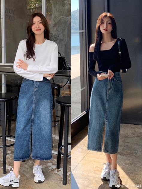 Skirt Outfits Korean, Jean Skirt Outfits, Cute Modest Outfits, Denim Skirt Outfits, Cute Skirt Outfits, Clothes Korean Style, Maxi Skirt Outfits, Modest Dresses Casual, Korean Casual Outfits