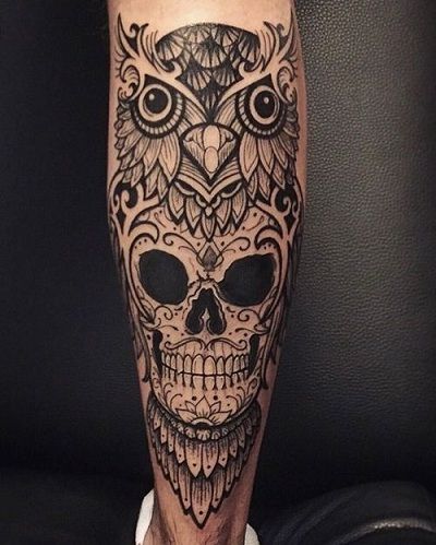 Owl And Skull Tattoo, Black Owl Tattoo, Owl Skull Tattoos, Mens Owl Tattoo, Skull Tattoo Ideas, Catrina Tattoo, Tattoo Trend, Owl Tattoo Design, Sugar Skull Tattoos