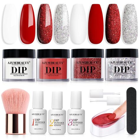 AZUREBEAUTY Dip Powder Nail Starter Kit Red White Silver Glitter, 4 Colors Dipping Powder Set, French Nail Art Base&Top Coat Activator Essential Liquid Manicure No Lamp Needed Azurebeauty Dip Powder, Nail Starter Kit, Dip Manicure, Salon Gifts, French Nail Art, French Nail, Holiday Gift Sets, Dip Powder Nails, Dipped Nails